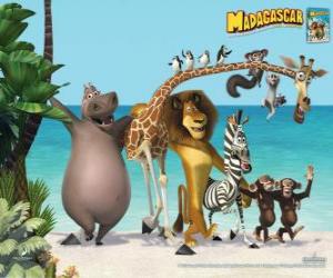 пазл Глория Hippo, Melman жираф, лев Алекс, зебра Марти с другими героями приключений
